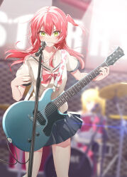 Rule 34 | 2girls, ahoge, black skirt, blonde hair, blurry, blurry background, blush, bocchi the rock!, bow, collarbone, commentary request, depth of field, dice gt, drum, drum set, electric guitar, feet out of frame, floral print, flying sweatdrops, gibson les paul, green eyes, guitar, hair between eyes, highres, holding, holding instrument, ijichi nijika, instrument, kita ikuyo, long hair, looking at viewer, microphone, miniskirt, multiple girls, music, one side up, playing instrument, pleated skirt, red bow, red hair, sailor collar, school uniform, serafuku, short sleeves, skirt, stage, standing, sweat, sweatdrop