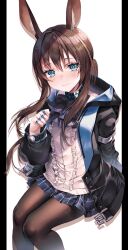 Rule 34 | 1girl, absurdres, amiya (arknights), animal ears, arknights, ascot, black jacket, blue ascot, blue eyes, brown hair, brown thighhighs, closed mouth, frilled ascot, frills, hair between eyes, highres, hime gyo, hood, hooded jacket, jacket, jewelry, long hair, long sleeves, looking at viewer, multiple rings, open clothes, open jacket, pantyhose, ponytail, rabbit ears, rabbit girl, ring, shirt, simple background, sitting, skirt, smile, solo, thighhighs, thumb ring, white background