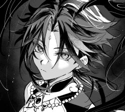 Rule 34 | 1boy, bead necklace, beads, closed mouth, facial mark, forehead mark, gem, genshin impact, greyscale, hair between eyes, highres, jewelry, looking at viewer, male focus, monochrome, multicolored hair, necklace, portrait, screentones, simple background, solo, xiao (genshin impact), zaso