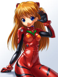 Rule 34 | 1girl, :d, arm support, blue eyes, bodysuit, bosshi, bracer, breasts, covered erect nipples, cowboy shot, gloves, gradient background, hair ornament, hand up, latex, long hair, neon genesis evangelion, open mouth, orange hair, plugsuit, red hair, shiny clothes, sitting, small breasts, smile, solo, souryuu asuka langley, turtleneck, waving