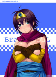 Rule 34 | 1girl, bad id, bad pixiv id, blue eyes, blush, breast hold, breasts, cape, chunsoft, circlet, covering privates, covering breasts, dragon quest, dragon quest iii, enix, gloves, large breasts, purple hair, roto (dq3), short hair, solo, topless, yuzuriha (active homing)
