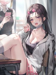 Rule 34 | 2girls, bandaid, bandaid on knee, bandaid on leg, black hair, blush, breasts, candy, cellphone, chair, cleavage, collarbone, collared shirt, commentary, covered mouth, desk, english commentary, food, grey jacket, hair rollers, heart, highres, holding, holding candy, holding food, holding lollipop, holding phone, huwari (dnwls3010), indoors, jacket, large breasts, lollipop, long hair, long sleeves, mask, mouth mask, multiple girls, open mouth, original, phone, purple eyes, shirt, sitting, smartphone, solo focus, thighs, white shirt