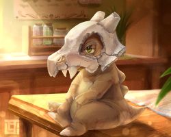 Rule 34 | commentary request, creature, creatures (company), cubone, from side, game freak, gen 1 pokemon, green eyes, highres, indoors, kozsen 810290, light beam, nintendo, no humans, plant, pokemon, pokemon (creature), potted plant, shadow, sitting, skull, watermark