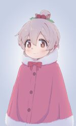 Rule 34 | 1girl, ahoge, bow, brown eyes, chinese commentary, commentary request, fur collar, fur trim, grey background, hair between eyes, hair ornament, highres, holly hair ornament, light blush, looking at viewer, onii-chan wa oshimai!, oyama mahiro, partial commentary, pink hair, poncho, red bow, red poncho, sfm zhang, simple background, smile, solo