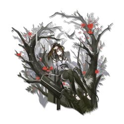 Rule 34 | 1girl, animal ears, arknights, arrow (projectile), bare shoulders, bare tree, belt, bird, black belt, black choker, black thighhighs, bow (weapon), brown hair, choker, detached sleeves, flower, folinic (arknights), folinic (lasting arrowroot) (arknights), hair flower, hair ornament, heibaise jiangshi, highres, holding, holding arrow, holding bow (weapon), holding weapon, infection monitor (arknights), long hair, long sleeves, looking at viewer, official alternate costume, official art, ponytail, red flower, sitting, smile, solo, thighhighs, toeless legwear, transparent background, tree, weapon, white flower, yellow eyes