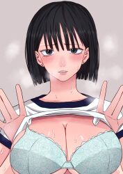 Rule 34 | 1girl, black eyes, black hair, blush, bob cut, bra, breasts, check commentary, cleavage, clothes lift, commentary request, ear piercing, earrings, eyelashes, floral print, green bra, gym uniform, highres, jewelry, large breasts, lips, looking at viewer, original, parted lips, piercing, school uniform, shirt lift, simple background, spread fingers, steam, sweat, tan background, underwear, upper body, yu ki ruta60
