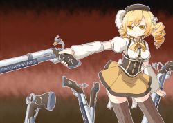Rule 34 | 10s, 1girl, beret, blonde hair, detached sleeves, drill hair, field of blades, gun, hair ornament, hairpin, hat, long hair, magical girl, magical musket, mahou shoujo madoka magica, mahou shoujo madoka magica (anime), musket, pleated skirt, puffy sleeves, ribbon, rifle, skirt, solo, striped clothes, striped thighhighs, tamute (2580rs), thighhighs, tomoe mami, twintails, vertical-striped clothes, vertical-striped thighhighs, weapon, yellow eyes, zettai ryouiki