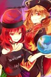 Rule 34 | 2girls, black dress, blonde hair, chain, chinese clothes, clothes writing, collar, collarbone, dress, earth (planet), hair ornament, hat, hecatia lapislazuli, junko (touhou), kutsuki kai, long hair, long sleeves, looking at viewer, moon, multiple girls, off shoulder, planet, red eyes, red hair, sash, shirt, skirt, smile, tabard, touhou, very long hair, wide sleeves