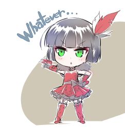 Rule 34 | 1girl, black hair, boots, chibi, claw (weapon), detached sleeves, dress, english text, feathers, fingerless gloves, garter straps, gloves, green eyes, iesupa, miltiades malachite, red dress, rwby, rwby chibi, solo, weapon