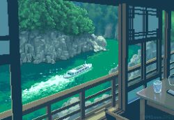 Rule 34 | animated, animated gif, artist name, boat, chair, cup, drinking glass, highres, no humans, original, pixel art, river, scenery, shouji, sliding doors, table, toyoi yuuta, tree, water, watercraft