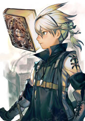 Rule 34 | 1boy, blue eyes, book, boots, closed mouth, expressionless, gauntlets, gloves, grimoire weiss, hair ornament, hairband, hairclip, high collar, hungry clicker, katana, long sleeves, looking at viewer, male focus, nier, nier (series), nier (brother), profile, short hair, short ponytail, simple background, solo, standing, sword, weapon, white hair