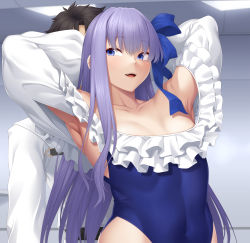 Rule 34 | 1boy, 1girl, absurdres, ao banana, armpits, arms behind head, arms up, bare shoulders, black hair, blouse, blue eyes, blue ribbon, blush, breasts, chaldea uniform, choker, collarbone, covered navel, fate/grand order, fate (series), frilled one-piece swimsuit, frills, fujimaru ritsuka (male), hair ribbon, highleg, highleg swimsuit, highres, long hair, long sleeves, looking to the side, meltryllis, meltryllis (fate), meltryllis (swimsuit lancer) (fate), meltryllis (swimsuit lancer) (second ascension) (fate), off-shoulder one-piece swimsuit, off shoulder, one-piece swimsuit, open mouth, puffy sleeves, purple hair, ribbon, shirt, short hair, sleeves past fingers, sleeves past wrists, small breasts, smile, swimsuit, very long hair, white ribbon, white shirt