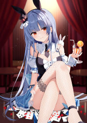 Rule 34 | 1girl, animal ears, bare shoulders, black necktie, blue hair, blue skirt, blunt bangs, braid, card, carrot, cup, curtains, detached sleeves, feet out of frame, fishnet thighhighs, fishnets, food, fruit, glass, hair ornament, hat, highres, holding, holding cup, hololive, juice, knee up, legs, leotard, long hair, looking at viewer, mini hat, mini top hat, multicolored hair, necktie, on table, orange (fruit), orange juice, pekomon (usada pekora), playboy bunny, playing card, rabbit ears, rabbit girl, red curtains, skirt, smile, solo, stage, table, thick eyebrows, thighhighs, top hat, usada pekora, usada pekora (furi furi bunny dress), virtual youtuber, yon (letter)