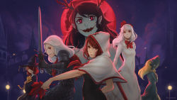 Rule 34 | 6+girls, :d, armor, black gloves, black hair, blonde hair, breasts, cat, cath, cath, cath (momodora), choir (momodora), cloak, cotillard, covered navel, earrings, fennel (momodora), full moon, gloves, hair over one eye, hat, highres, holding, holding sword, holding weapon, hood, hooded cloak, horns, jewelry, kaho (momodora), koyorin, long hair, looking at viewer, lubella, momodora: reverie under the moonlight, moon, multiple girls, night, open mouth, princess, red eyes, red hair, red moon, small breasts, smile, sword, weapon, white hair, witch hat