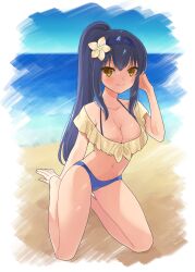 Rule 34 | 1girl, absurdres, alternate costume, alternate hairstyle, arm behind back, arm support, bare shoulders, barefoot, beach, bikini, black hair, black hairband, blue bikini, blush, border, breasts, cleavage, closed mouth, collarbone, commentary, commission, curvy, day, eyes visible through hair, flower, full body, gluteal fold, hair between eyes, hair flower, hair ornament, hairband, halterneck, hand up, highres, kushima kamome, large breasts, long hair, looking at viewer, may salamanya, navel, ocean, off-shoulder shirt, off shoulder, outdoors, ponytail, seiza, shirt, sidelocks, signature, sitting, skeb commission, smile, solo, stomach, straight hair, summer pockets, swimsuit, thighs, very long hair, white border, yellow eyes, yellow flower, yellow shirt