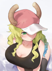 Rule 34 | 10s, 1girl, absurdres, black legwear, blush, breasts, cleavage, closed mouth, dragon girl, dragon horns, female focus, from above, gradient hair, green eyes, hat, highres, horns, kobayashi-san chi no maidragon, large breasts, long hair, lucoa (maidragon), multicolored hair, simple background, sitting, solo, ze (wzfnn001)