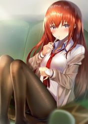 Rule 34 | 1girl, blazer, blue eyes, blush, breasts, collared shirt, commentary request, couch, eyebrows hidden by hair, food, highres, holding, holding spoon, jacket, leggings, long hair, makise kurisu, medium breasts, necktie, off shoulder, pudding, red necktie, shirt, sitting, solo, spoon, steins;gate, utensil in mouth, yk (pixiv43531291)