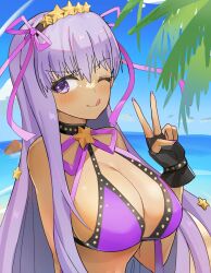 Rule 34 | 1girl, arkchsky, bare shoulders, bb (fate), bb (fate) (all), bb (swimsuit mooncancer) (fate), beach, bikini, black gloves, blue sky, blush, breasts, cleavage, commentary request, dark-skinned female, dark skin, fate/grand order, fate (series), fingerless gloves, gloves, hair ornament, hair ribbon, hairband, large breasts, licking lips, long hair, looking at viewer, neck ribbon, one eye closed, palm tree, purple bikini, purple eyes, purple hair, ribbon, sky, smile, solo, star (symbol), star hair ornament, swimsuit, tan, tongue, tongue out, tree, v, very long hair