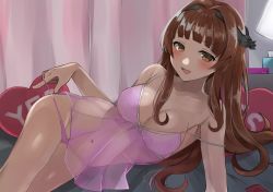 Rule 34 | 1girl, absurdres, alternate costume, babydoll, blunt bangs, blush, breasts, brown eyes, brown hair, commission, condom, condom box, condom wrapper, curtains, headgear, heart, heart-shaped pillow, helena (kancolle), highres, indoors, kantai collection, large breasts, lingerie, long hair, looking at viewer, lying, off shoulder, on side, open mouth, panties, panty pull, pillow, pink panties, sidelocks, skeb commission, solo, toriniku senshi chikinman, underwear, yes-no pillow