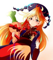 Rule 34 | 1girl, belt, black dress, black hat, black sleeves, bow, bowtie, breasts, brown belt, carrot, carrot-shaped pillow, chinese clothes, closed mouth, crescent, dress, food print, gradient background, hair between eyes, hands up, hat, highres, junko (touhou), long hair, long sleeves, looking down, looking to the side, medium breasts, muumuu (sirufuruteienn), one-hour drawing challenge, orange background, orange hair, phoenix crown, pom pom (clothes), red bow, red eyes, red ribbon, red vest, ribbon, smile, solo, tabard, touhou, vest, white background, wide sleeves, yellow bow, yellow bowtie