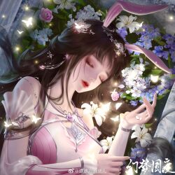 Rule 34 | 1girl, animal ears, bare shoulders, brown hair, bug, butterfly, closed mouth, douluo dalu, dress, earrings, eye mask, eyelashes, flower, glowing butterfly, hair ornament, highres, holding, holding petal, insect, jewelry, light particles, ni gu la si xiao la ji, night, petals, pink dress, rabbit ears, second-party source, sleeping, solo, upper body, xiao wu (douluo dalu)