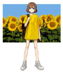 Rule 34 | 1girl, absurdres, backpack, bag, bare legs, blue eyes, blue sky, breast pocket, brown hair, closed mouth, flower, full body, highres, looking at viewer, nuri (yoon cook), original, pocket, shirt, shoes, short hair, short sleeves, simple background, sky, sneakers, solo, sunflower, white background, white footwear, yellow shirt, yoon cook