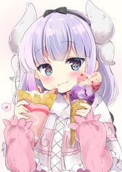 Rule 34 | 10s, 1girl, :t, beads, black bow, black hairband, blouse, blue eyes, blunt bangs, blush, bow, capelet, closed mouth, cream, cream on face, crepe, cross-laced clothes, double scoop, dragon girl, dragon horns, dress, eating, food, food on face, frilled capelet, frills, fruit, gothic lolita, gradient hair, hair beads, hair bow, hair ornament, hairband, heart, highres, holding, holding food, horns, ice cream, ice cream cone, irone (miyamiya38), kanna kamui, kobayashi-san chi no maidragon, light purple hair, lolita fashion, long hair, long sleeves, looking at viewer, low twintails, microdress, multicolored hair, purple hair, shirt, solo, sparkling eyes, spoken heart, star-shaped pupils, star (symbol), strawberry, symbol-shaped pupils, tail, twintails, upper body