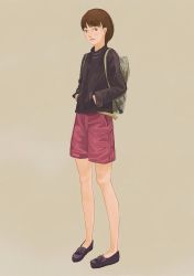 Rule 34 | 1girl, backpack, bad id, bad twitter id, bag, black footwear, black jacket, brown eyes, brown hair, commentary request, full body, gemi, grey background, hands in pockets, jacket, long sleeves, looking at viewer, original, red shorts, shoes, shorts, simple background, solo, standing