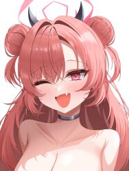 Rule 34 | 1girl, absurdres, black choker, blue archive, blush, breasts, choker, cleavage, double bun, fake horns, fang, hair bun, halo, highres, horns, kirara (blue archive), large breasts, long hair, one eye closed, open mouth, pink eyes, pink hair, pink halo, simple background, siru, smile, solo, upper body, white background