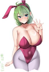 Rule 34 | 1girl, ahoge, alternate breast size, bare shoulders, blue eyes, breasts, closed mouth, cowboy shot, dress, green hair, grey pantyhose, highleg, highleg leotard, highres, kantai collection, large breasts, leotard, looking at viewer, medium hair, mole, mole on breast, mole under mouth, pantyhose, purple leotard, simple background, smile, solo, strapless, strapless dress, tf cafe, twitter username, white background, yuugumo (kancolle)