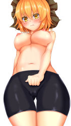Rule 34 | 1girl, belly, bike shorts, blonde hair, blush, bow, breasts, cameltoe, daichi (tokoya), female focus, hair bow, highres, kurodani yamame, large breasts, looking at viewer, nipples, plump, pout, puffy cheeks, solo, tokoya, topless, touhou, wide hips, yellow eyes