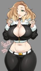 Rule 34 | 1girl, 2020, agawa ryou, belly, belt, black pants, blonde hair, breasts, cleavage, commentary, dated, fur trim, green eyes, grey background, hair over one eye, jacket, large breasts, lips, long hair, looking at viewer, midriff, navel, one eye closed, original, pants, simple background, solo, thick thighs, thighs, wide hips