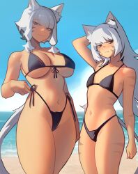 Rule 34 | 2girls, animal ear fluff, animal ears, beach, bikini, black bikini, blush, breast envy, breasts, cat ears, cat girl, cat tail, clenched teeth, commentary, cowboy shot, distr, english commentary, front-tie bikini top, front-tie top, grey hair, height difference, highleg, highleg bikini, highres, long hair, looking at viewer, mother and daughter, multiple girls, navel, ocean, original, purple eyes, red eyes, side-tie bikini bottom, sky, small breasts, smile, striped, swimsuit, tail, tan, teeth, underboob, wide hips