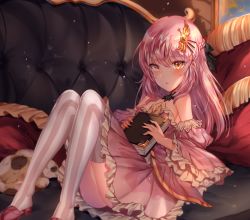 Rule 34 | 1girl, ass, bare shoulders, blush, book, breasts, cat, cleavage, detached sleeves, dress, full body, hair between eyes, hair ornament, highres, holding, long hair, looking at viewer, orange eyes, original, parted lips, pink dress, pink hair, shoes, sidelocks, sitting, solo, striped clothes, striped legwear, striped thighhighs, thighhighs, vertical-striped clothes, vertical-striped thighhighs, wide sleeves, zerocat