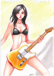 Rule 34 | 1girl, beck, bikini, black bikini, breasts, commentary, electric guitar, english commentary, fender telecaster, guitar, guitar strap, hair over one eye, highres, holding, holding guitar, holding instrument, instrument, medium breasts, medium hair, minami maho, music, playing guitar, playing instrument, sasori-sanin, scan, shadow, simple background, solo, spread legs, swimsuit, traditional media, unplugged, yellow background