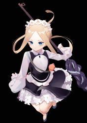 Rule 34 | 1girl, abigail williams (fate), abigail williams (festival outfit) (fate), absurdres, alternate costume, black background, blonde hair, blue eyes, blush, breasts, closed mouth, commentary, dutch angle, enmaided, fate/grand order, fate (series), forehead, from above, heroic spirit festival outfit, highres, keyhole, long hair, maid, official alternate costume, parted bangs, simple background, sleeves past fingers, sleeves past wrists, small breasts, solo, standing, very long sleeves, zeppeki shoujo