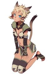 Rule 34 | 1girl, animal ears, blonde hair, blue eyes, branch (blackrabbits), cat ears, cat girl, cat tail, elbow gloves, facial mark, final fantasy, final fantasy xi, full body, gloves, hands on own hips, mithra (ff11), seiza, short hair, sitting, solo, tail