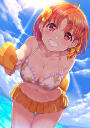 Rule 34 | 1girl, :d, ahoge, arm behind back, bent over, bikini, bikini top only, blue sky, bow, breasts, cleavage, collarbone, day, dutch angle, flower, food, frilled bikini, frilled bikini top, frills, grin, hair bow, hair flower, hair ornament, highres, holding, holding food, incoming food, kanabun, large breasts, lens flare, light rays, looking at viewer, love live!, love live! school idol festival, love live! sunshine!!, microskirt, navel, ocean, open mouth, orange flower, orange hair, orange skirt, outdoors, parted bangs, pleated skirt, popsicle, pov, red eyes, short hair, skirt, sky, smile, solo, standing, stomach, sun, sunbeam, sunlight, sweat, swimsuit, takami chika, teeth, thigh gap, white bikini, yellow bow