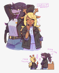 Rule 34 | ^ ^, alternate costume, alternate hairstyle, animal ears, animal nose, antlers, arms behind head, belt, black jacket, blank speech bubble, blonde hair, bracelet, closed eyes, colored sclera, colored skin, commentary request, cowboy shot, cropped legs, crossed arms, deer ears, deer girl, deltarune, denim, facing viewer, freckles, from side, furry, furry female, hair between eyes, hand up, highres, horns, index finger raised, jacket, jeans, jewelry, long hair, looking at viewer, low twintails, mayuzumi, multiple views, necklace, noelle holiday, open clothes, open jacket, open mouth, pants, pink skin, ponytail, purple eyes, purple hair, sharp teeth, skirt, skirt set, smile, snout, speech bubble, standing, susie (deltarune), teeth, twintails, watch, white skirt, wristwatch, yellow sclera, zipper