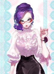 Rule 34 | 1girl, :o, blouse, blue eyes, braid, crown braid, frilled shirt, frills, glasses, looking at viewer, my little pony, my little pony: friendship is magic, needle, open mouth, personification, pigeon666, pincushion, purple hair, rarity (my little pony), red-framed eyewear, shirt, skirt, solo