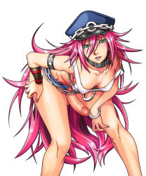 Rule 34 | 1girl, aozoraichi, armlet, bent over, breasts, capcom, cleavage, collar, come hither, cuffs, denim, denim shorts, downblouse, final fight, green eyes, hand on own hip, handcuffs, hat, hip focus, legs, licking lips, long hair, long legs, midriff, nail polish, naughty face, newhalf, peaked cap, penis, pink hair, poison (final fight), short shorts, shorts, sideboob, solo, street fighter, studded collar, tank top, thighs, third-party edit, tongue, tongue out, very long hair, white background