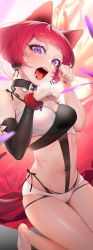 Rule 34 | 1girl, absurdres, animal ears, bad id, bad pixiv id, black collar, black ribbon, blurry, breasts, cat ears, cat tail, collar, curie (shining star), depth of field, detached sleeves, fangs, gradient background, hands up, highres, legs together, looking at viewer, medium breasts, nail polish, ohisashiburi, open mouth, paw pose, purple eyes, red hair, red nails, ribbon, shining star, short hair, short shorts, shorts, solo, tail, white shorts