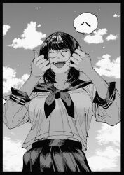 Rule 34 | 1girl, bob cut, breasts, cloud, day, finger in own mouth, glasses, greyscale, hachinuki tetsuyo, hands up, highres, jitome, large breasts, long sleeves, looking ahead, midriff peek, monochrome, mouth pull, neckerchief, open mouth, original, pleated skirt, school uniform, serafuku, shirt overhang, short hair, skirt, sky, solo, speech bubble, tongue, tongue out, upper body