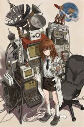 Rule 34 | 1girl, absurdres, black footwear, black necktie, black skirt, bottle, brown hair, chair, coat, collared shirt, computer, crocs, earth (planet), fallout (series), fang, gold can, green eyes, highres, holding, holding phone, lab coat, long hair, long sleeves, looking at viewer, necktie, nuka cola, original, phone, planet, rocket, satellite dish, shirt, shirt tucked in, skin fang, skirt, socks, solo, standing, white coat, white shirt, white socks
