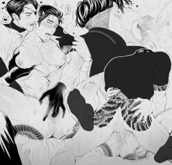 Rule 34 | 2boys, ass tattoo, back tattoo, bara, bare pectorals, blush, bottomless, closed eyes, cunnilingus, eyepatch, facial hair, fingering, gloves, grabbing, greyscale, hand on another&#039;s ass, kiryu kazuma, kyo rgg, majima goro, male focus, monochrome, multiple boys, muscular, muscular male, naked shirt, one eye covered, open clothes, open mouth, oral, pectoral grab, pectorals, pussy, reverse newhalf, reverse newhalf with male, ryuu ga gotoku (series), shirt, short hair, spread legs, tattoo, uncensored, yaoi
