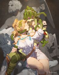 Rule 34 | 2girls, ancient greek clothes, artist name, bare legs, black nails, blonde hair, clenched hand, closed eyes, closed mouth, colored skin, dress, greco-roman clothes, green headwear, green skin, hand on another&#039;s face, hand on another&#039;s stomach, high ponytail, highres, leg tattoo, long hair, marble (stone), marble sculpture, medusa widowmaker, mercy (overwatch), multiple girls, open hand, overwatch, overwatch 1, overwatch 2, ponytail, sitting, snake, snake hair, statue, tattoo, velinxi, white dress, widowmaker (overwatch), winged victory mercy, yuri