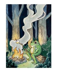 Rule 34 | animal, animal focus, border, bush, fire, food, forest, frog, grass, highres, holding, holding stick, marshmallow, nature, night, original, outdoors, paigeonapage1, smoke, stick, tree, white border
