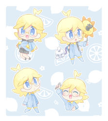 Rule 34 | 1boy, :d, ahoge, akasaka (qv92612), blonde hair, blue eyes, blue hoodie, blue jumpsuit, blush, border, chibi, clemont (pokemon), closed eyes, commentary request, creatures (company), game freak, glasses, highres, holding, holding wrench, hood, hoodie, jumpsuit, long sleeves, male focus, mechanical arms, multiple views, nintendo, open mouth, outstretched arm, pokemon, pokemon xy, shoes, shorts, smile, sparkle, standing, tongue, white border, wrench