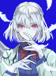 Rule 34 | 1girl, absurdres, blue background, brooch, covering own mouth, feathers, hair between eyes, hand over own mouth, hands up, highres, jewelry, kishin sagume, long sleeves, looking at viewer, nanasuou, pale skin, pink eyes, short hair, single wing, solo, straight-on, touhou, upper body, wings