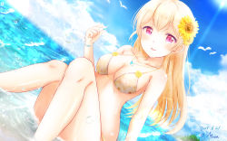Rule 34 | 1girl, artist name, bang dream!, bikini, blonde hair, blush, bracelet, breasts, cleavage, collarbone, commentary request, dated, day, floral print, flower, hair flower, hair ornament, halterneck, highres, holding, jewelry, knees up, long hair, looking at viewer, masa (mirage77), medium breasts, ocean, outdoors, parted lips, pendant, purple eyes, shirasagi chisato, sitting, smile, solo, sparkle, swimsuit, water, wet, yellow flower